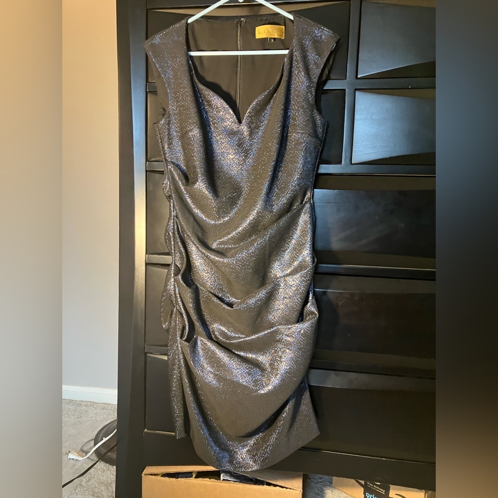 Nicole Miller blue black shimmer cocktail dress